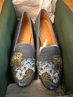 NWT Stubbs & Wootton Blue Linen Embroidered Hydrangea Limited Ed Slip-On Loafers